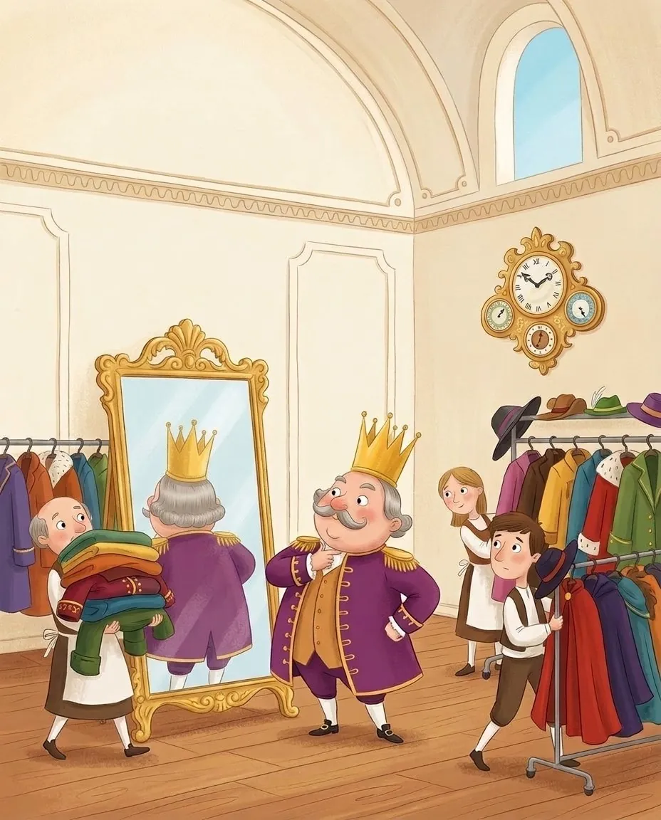 Cesar se ponosno ogleduje v ogledalu, okrog njega pa visijo dolge vrste pisanih suknj