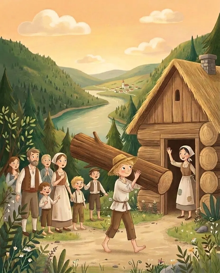 Peter na rami nese ogromno deblo k novi leseni hiši, mati mu maha